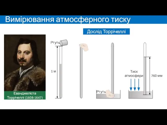 Вимірювання атмосферного тиску Дослід Торрічеллі Еванджеліста Торрічеллі (1608-1647)