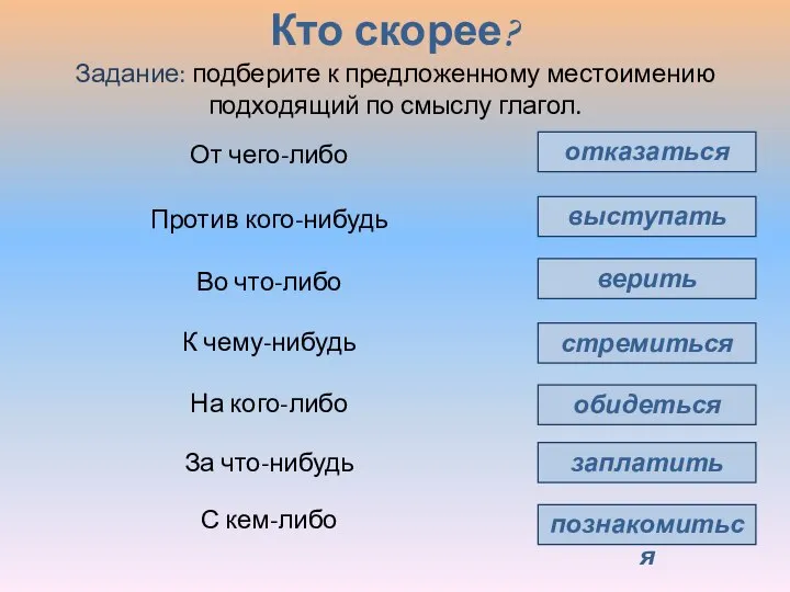 Кто скорее? отказаться выступать верить стремиться обидеться заплатить От чего-либо Против