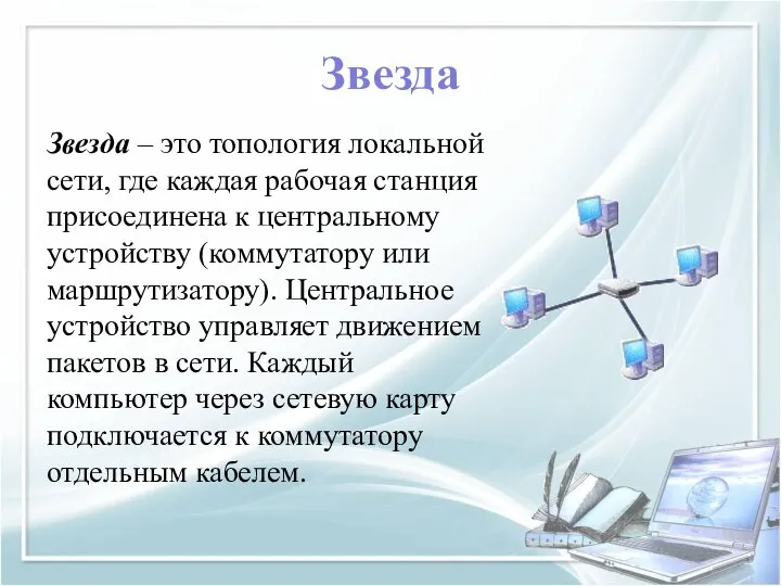 Звезда Звезда – это топология локальной сети, где каждая рабочая станция