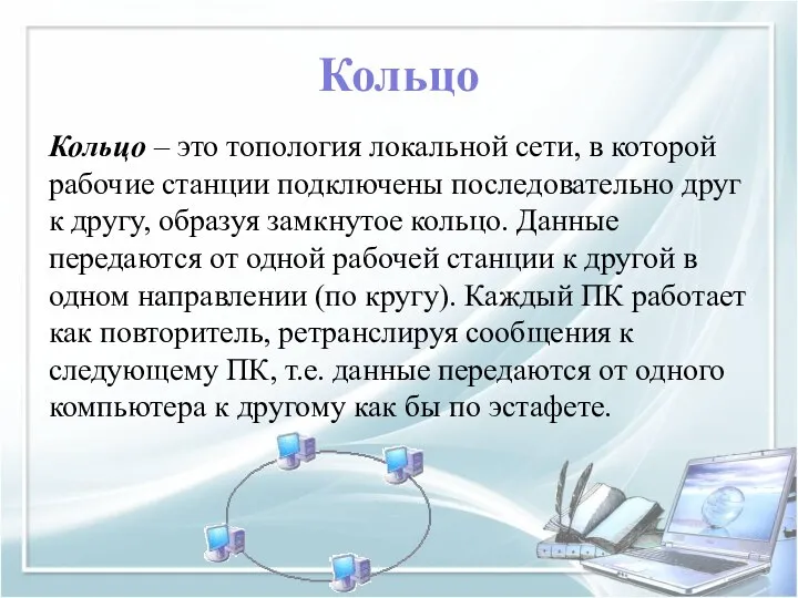 Кольцо Кольцо – это топология локальной сети, в которой рабочие станции