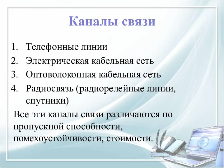 Каналы связи Телефонные линии Электрическая кабельная сеть Оптоволоконная кабельная сеть Радиосвязь