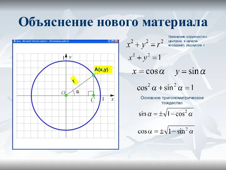 Объяснение нового материала Уравнение окружности с центром в начале координат, радиусом r Основное тригонометрическое тождество