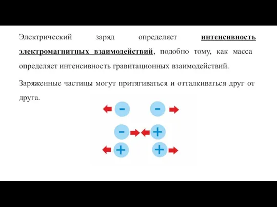 Электрический заряд определяет интенсивность электромагнитных взаимодействий, подобно тому, как масса определяет