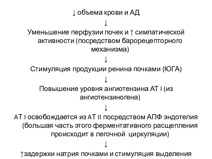 ↓ объема крови и АД ↓ Уменьшение перфузии почек и ↑