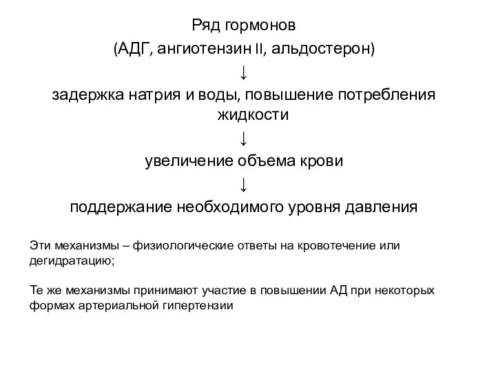 Ряд гормонов (АДГ, ангиотензин II, альдостерон) ↓ задержка натрия и воды,