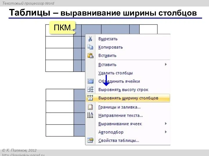 Таблицы – выравнивание ширины столбцов ПКМ