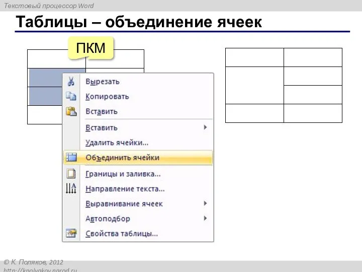 Таблицы – объединение ячеек ПКМ