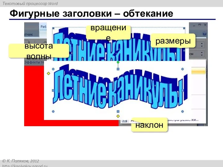 Фигурные заголовки – обтекание вращение размеры высота волны наклон