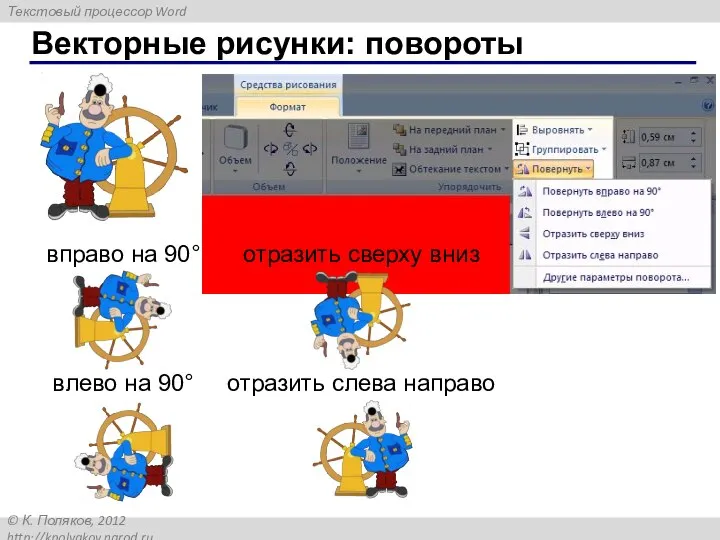 Векторные рисунки: повороты вправо на 90° влево на 90° отразить сверху вниз отразить слева направо