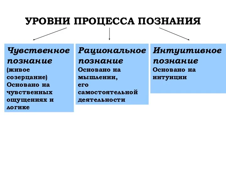 УРОВНИ ПРОЦЕССА ПОЗНАНИЯ Чувственное познание (живое созерцание) Основано на чувственных ощущениях