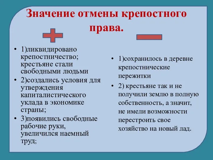 Значение отмены крепостного права. 1)ликвидировано крепостничество; крестьяне стали свободными людьми 2)создались