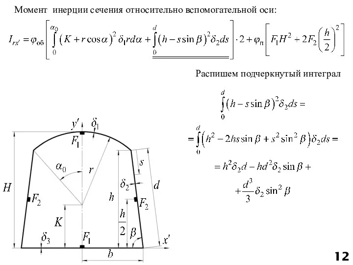 Момент инерции сечения относительно вспомогательной оси: Распишем подчеркнутый интеграл