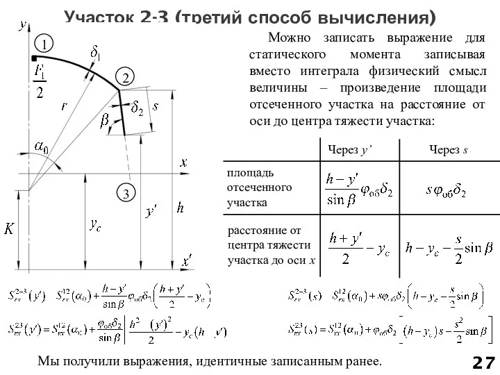 Участок 2-3 (третий способ вычисления) Можно записать выражение для статического момента