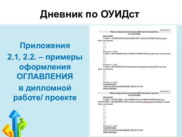 Дневник по ОУИДст Приложения 2.1, 2.2. – примеры оформления ОГЛАВЛЕНИЯ в дипломной работе/ проекте