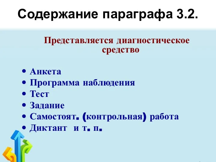 Содержание параграфа 3.2. Представляется диагностическое средство Анкета Программа наблюдения Тест Задание