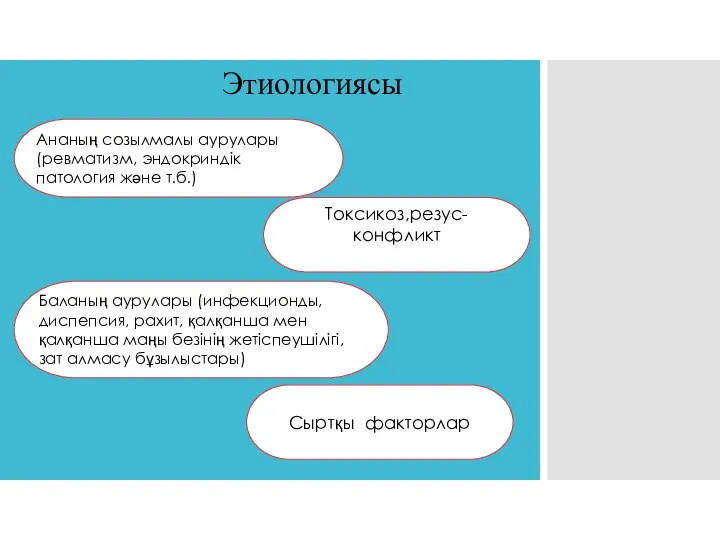 Этиологиясы Ананың созылмалы аурулары(ревматизм, эндокриндік патология және т.б.) Токсикоз,резус-конфликт Баланың аурулары