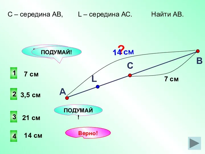4 2 1 3 ПОДУМАЙ! Верно! 14 см 3,5 см 21
