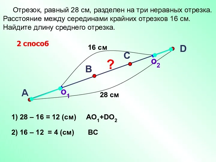 Отрезок, равный 28 см, разделен на три неравных отрезка. Расстояние между