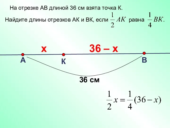 На отрезке АВ длиной 36 см взята точка К. Найдите длины