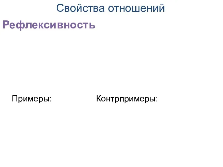 Рефлексивность Свойства отношений Примеры: Контрпримеры: