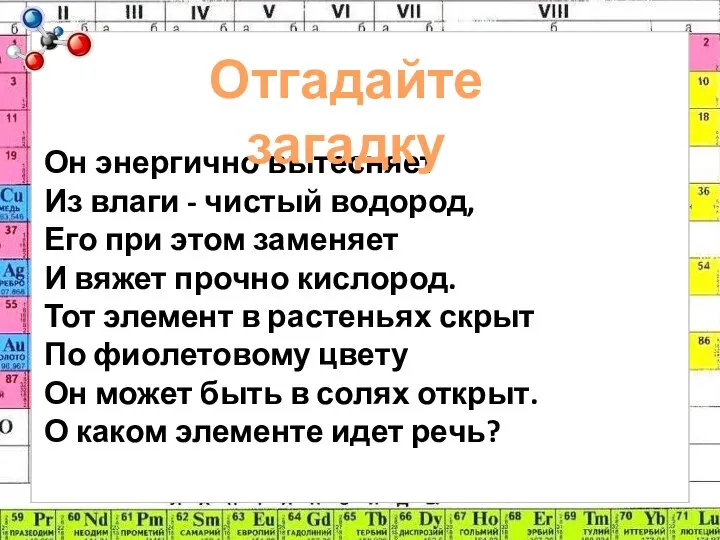 Он энергично вытесняет Из влаги - чистый водород, Его при этом