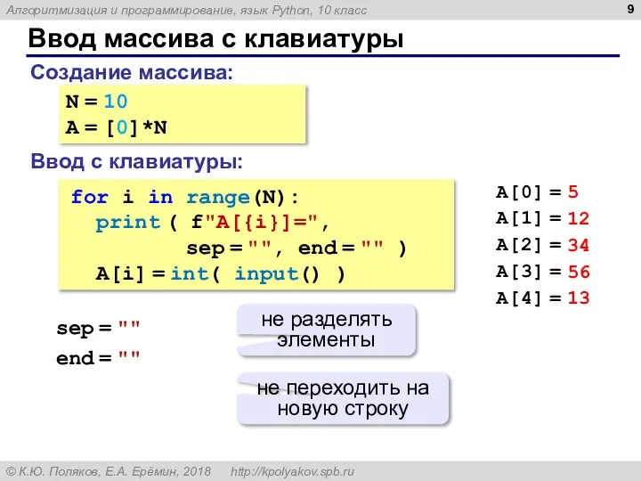 Ввод массива с клавиатуры Создание массива: Ввод с клавиатуры: N =