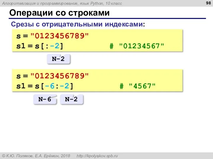 Операции со строками Срезы с отрицательными индексами: s = "0123456789" s1