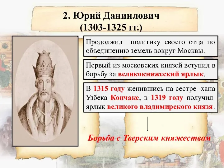 2. Юрий Даниилович (1303-1325 гг.) Продолжил политику своего отца по объединению