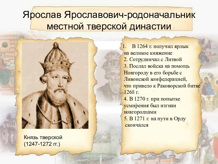Ярослав Ярославович-родоначальник местной тверской династии Князь тверской (1247-1272 гг.) В 1264