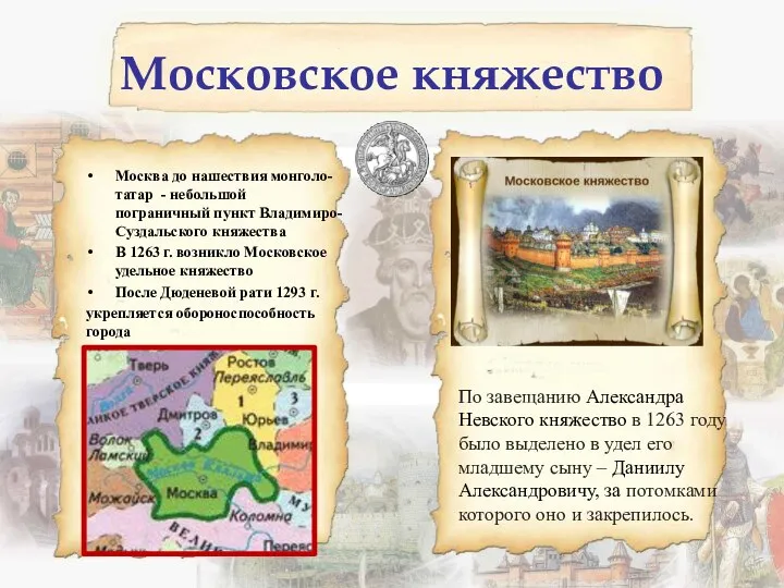 Московское княжество Москва до нашествия монголо-татар - небольшой пограничный пункт Владимиро-Суздальского