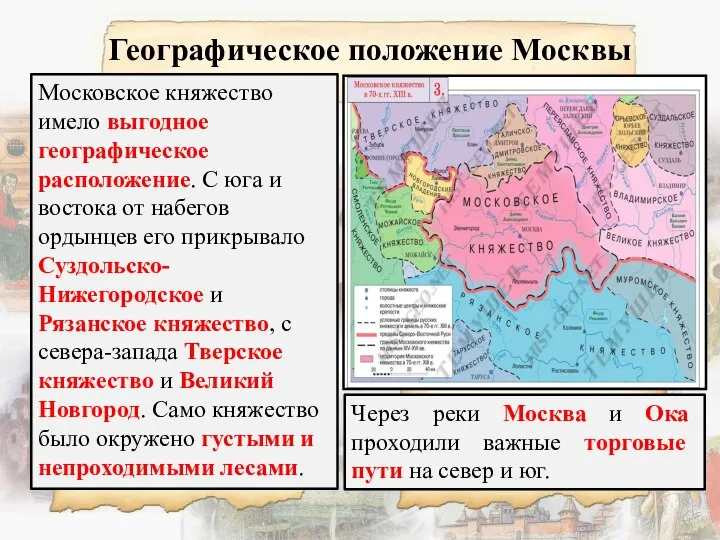 Географическое положение Москвы Московское княжество имело выгодное географическое расположение. С юга