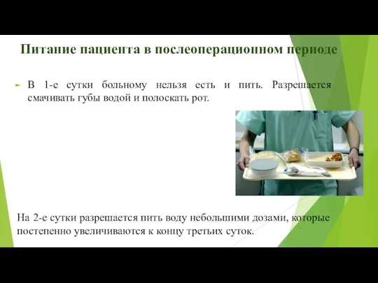 Питание пациента в послеоперационном периоде В 1-е сутки больному нельзя есть