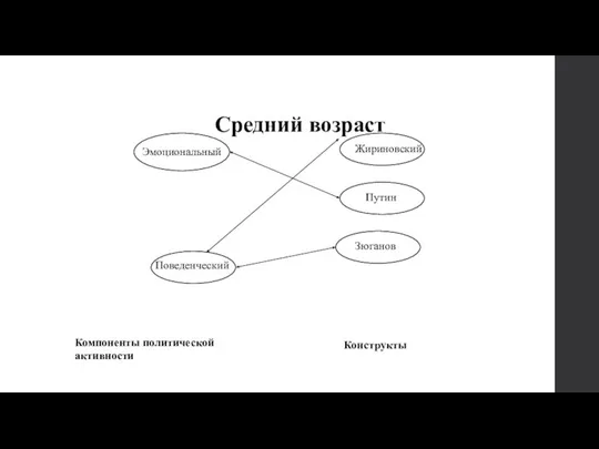 Средний возраст Поведенческий Эмоциональный Жириновский Путин Зюганов Компоненты политической активности Конструкты