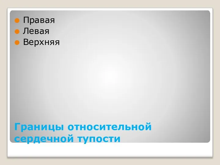 Границы относительной сердечной тупости Правая Левая Верхняя