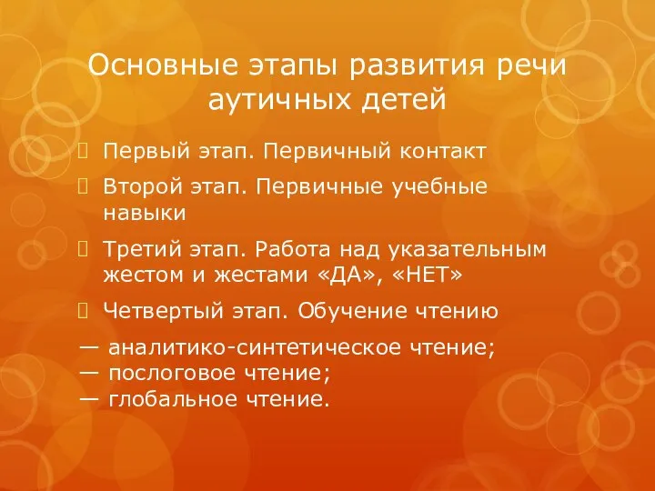 Основные этапы развития речи аутичных детей Первый этап. Первичный контакт Второй