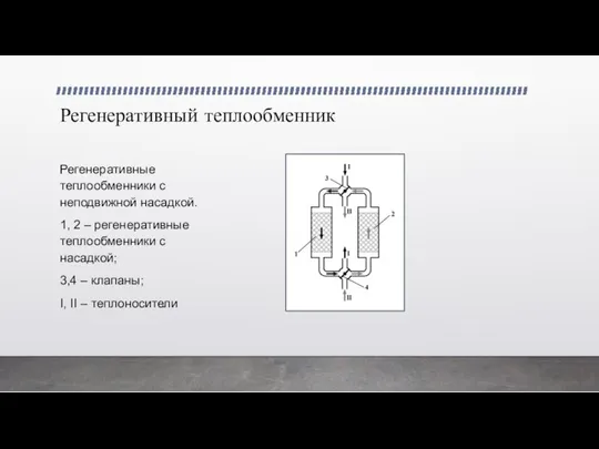 Регенеративный теплообменник Регенеративные теплообменники с неподвижной насадкой. 1, 2 – регенеративные