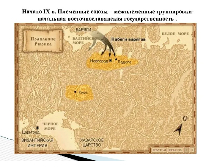 Начало IX в. Племенные союзы – межплеменные группировки- начальная восточнославянская государственность .