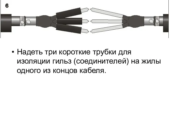 Надеть три короткие трубки для изоляции гильз (соединителей) на жилы одного из концов кабеля.