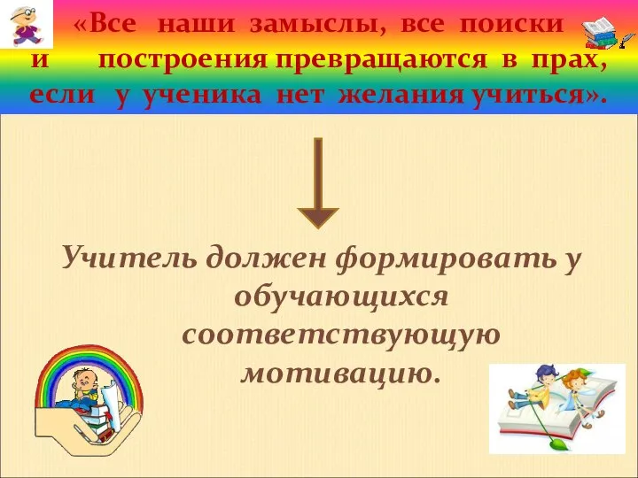 Учитель должен формировать у обучающихся соответствующую мотивацию. «Все наши замыслы, все