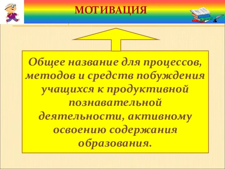 МОТИВАЦИЯ МОТИВАЦИЯ Общее название для процессов, методов и средств побуждения учащихся