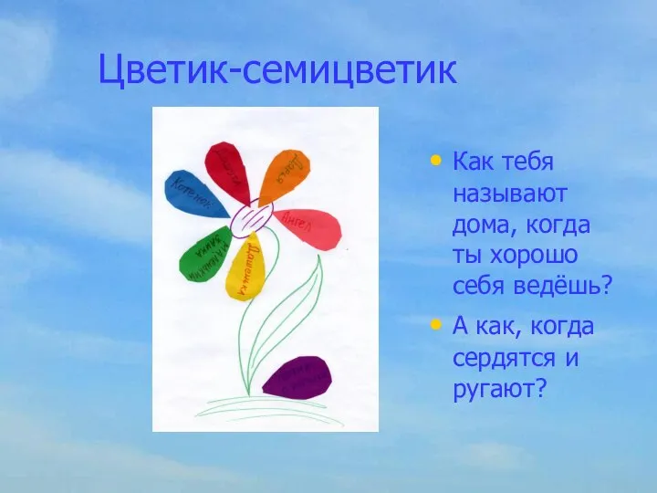 Цветик-семицветик Как тебя называют дома, когда ты хорошо себя ведёшь? А как, когда сердятся и ругают?