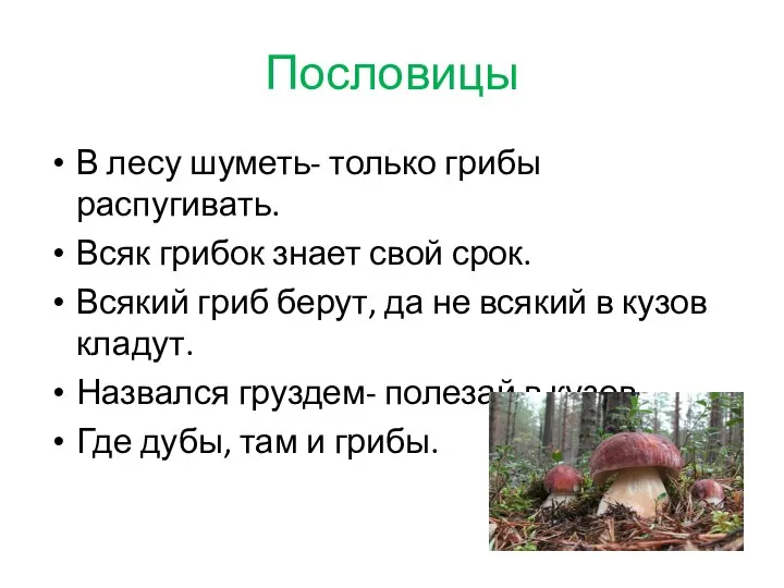 Пословицы В лесу шуметь- только грибы распугивать. Всяк грибок знает свой