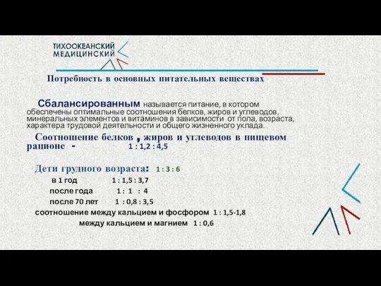 Потребность в основных питательных веществах Сбалансированным называется питание, в котором обеспечены