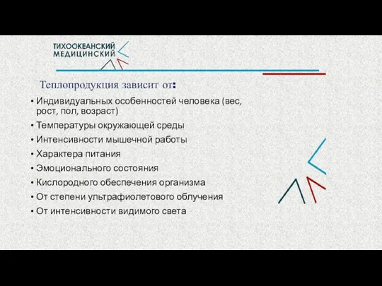 Теплопродукция зависит от: Индивидуальных особенностей человека (вес, рост, пол, возраст) Температуры