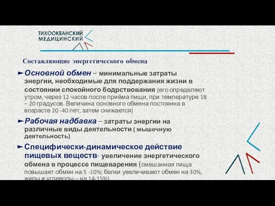 Составляющие энергетического обмена Основной обмен – минимальные затраты энергии, необходимые для