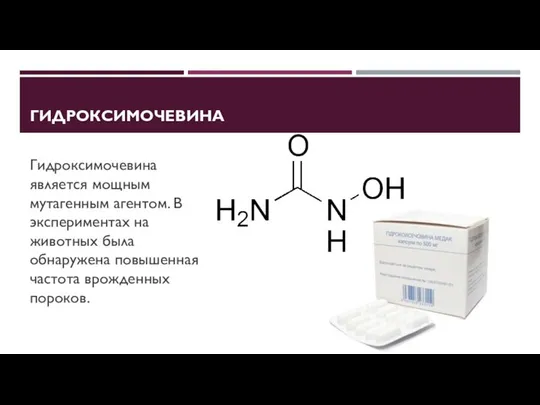 ГИДРОКСИМОЧЕВИНА Гидроксимочевина является мощным мутагенным агентом. В экспериментах на животных была обнаружена повышенная частота врожденных пороков.