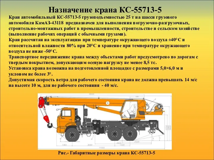 Назначение крана КС-55713-5 Кран автомобильный КС-55713-5 грузоподъемностью 25 т на шасси