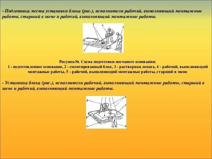 - Подготовка места установки блока (рис.), исполнители рабочий, выполняющий монтажные работы,