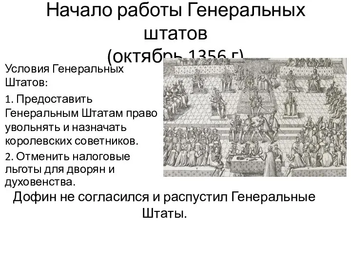 Начало работы Генеральных штатов (октябрь 1356 г) Условия Генеральных Штатов: 1.