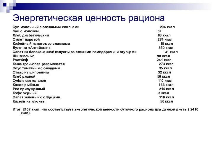 Энергетическая ценность рациона Суп молочный с овсяными хлопьями 204 ккал Чай